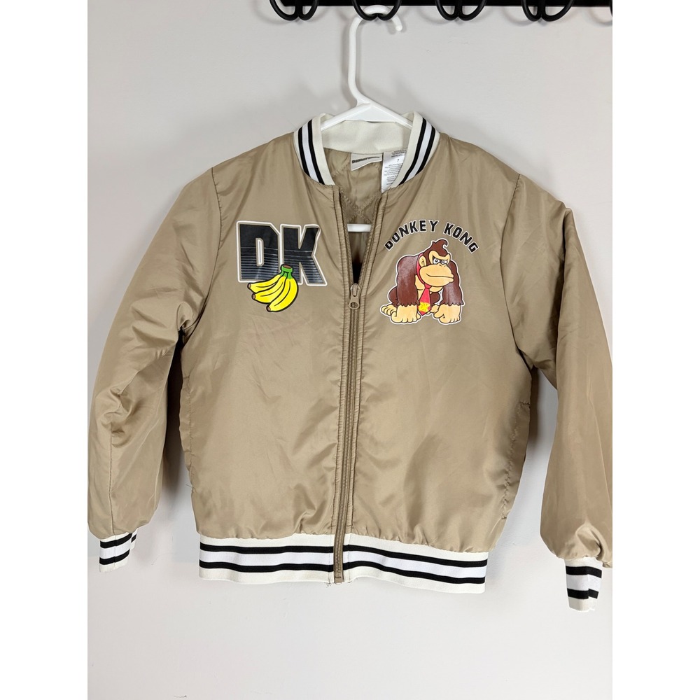 Nintendo Donkey Kong Kids Tan Bomber Jacket Varsity Graphic Zip Up Size 7